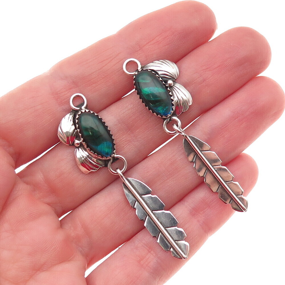 Ben Livingston Navajo Old Pawn Sterling Abalone Shell Feather Jacket Earrings